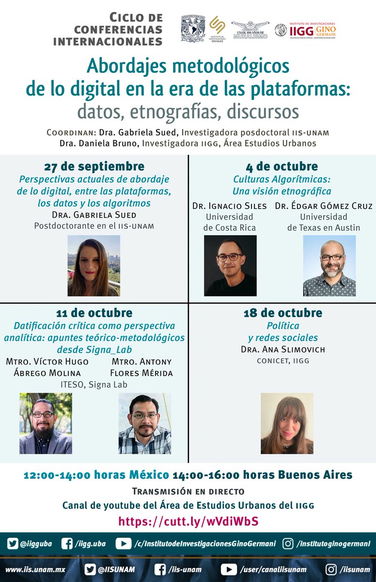 gabysued's tweet photo. Junto a mi colega Daniela Bruno organizamos este ciclo de cuatro conferencias internacionales sobre abordajes de lo digital. Una colaboración entre el @IISUNAM y el @iigguba. ¿Nos apoyan con la difusión? https://t.co/d2Jk66eeU5