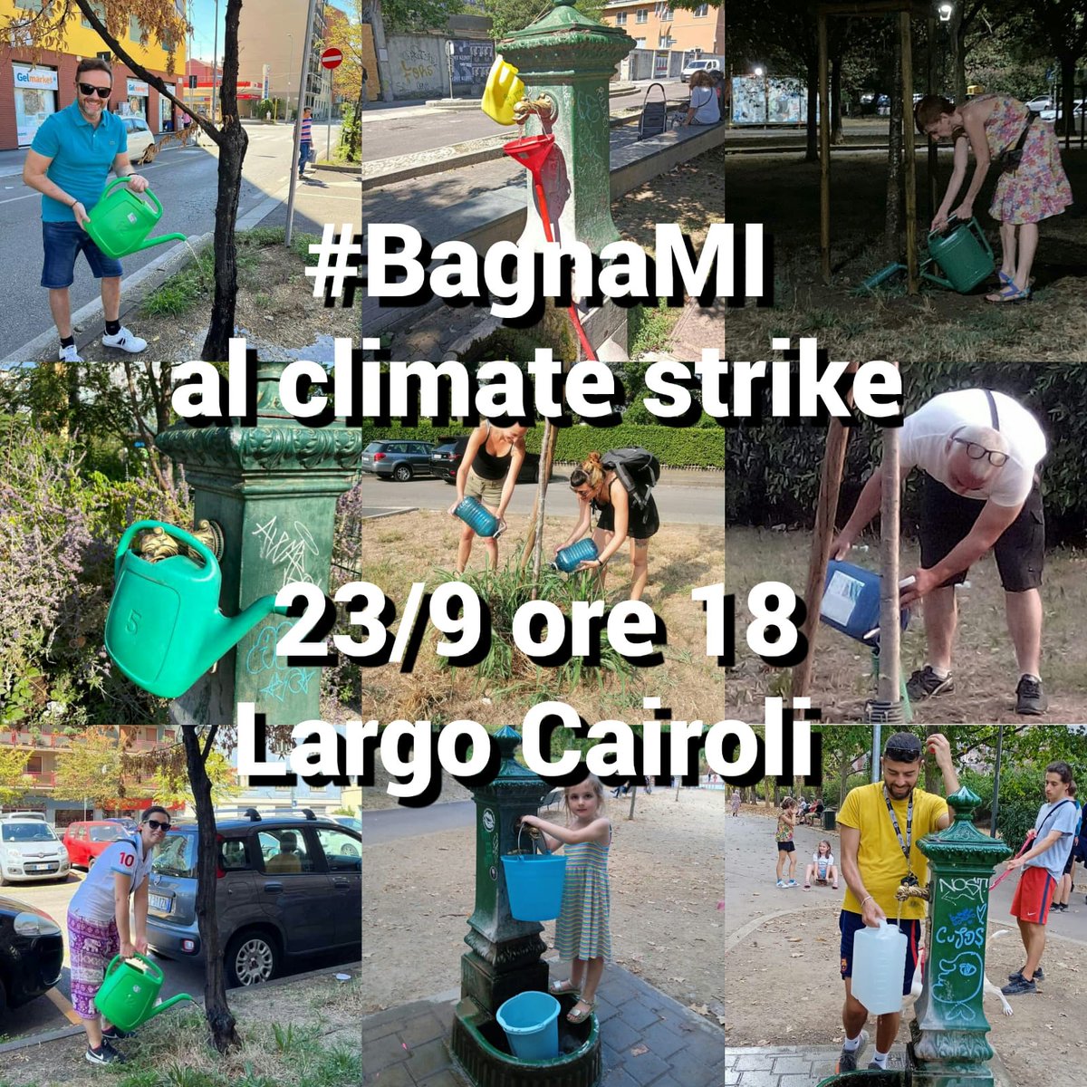 I cittadini di #BagnaMI allo sciopero per il clima, edizione serale! Armati di annaffiatoi e cartelli per farci sentire sulla cattiva manutenzione del verde milanese e la morìa degli alberi di ForestaMI. #BagnaMi è promosso dalla pagina Facebook "ForestaMI e poi DimenticaMI?".
