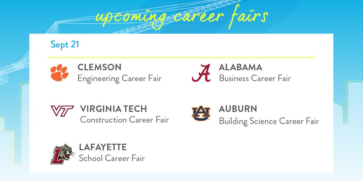 CBGBuildingCo's tweet photo. This week, CBG will be visiting @PSU_AE, @UDelaware, @ClemsonUniv, @Virginia_Tech, @LafCol, @UofAlabama, @AuburnU, @PSUEngineering, @CatholicUniv, and @UF. Stop by our booth to learn more about what CBG has to offer. We can't wait to meet you! #joinCBG https://t.co/v0ktcjQg52