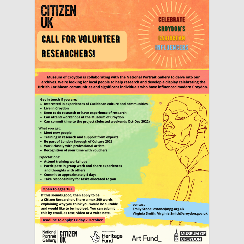 NPGYouth's tweet photo. 📢 CALL FOR VOLUNTEER RESEARCHERS! Do you live in Croydon? Are you 18+? Interested in researching &amp; celebrating British Caribbean culture &amp; communities?

@museumofcroydon &amp; @npglondon are collaborating to delve into the archives &amp; you can be involved!

📅 Apply by Fri 7 October https://t.co/bBCKdLucns