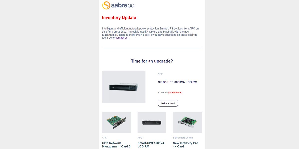 sabrepc's tweet image. Check out SabrePC&apos;s weekly specials: @APCbySchneider Smart-UPS and @Blackmagic_News Intensity Pro Capture Card and more; plus a blog on 10 AutoML tools!
👉bit.ly/3Sk114n

#powerprotector #capturecard