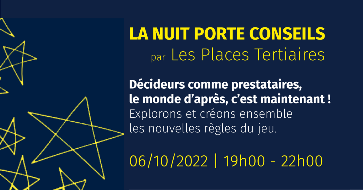 [EVENT] - LA NUIT PORTE CONSEILS
Soirée immersive entre prestataires et donneurs d'ordres.
Cassons les codes le 6 octobre 2022 - Canopy

En partenariat avec Les Pieds sur Scène et Neographic Digital.

lesplacestertiaires.com/events/la-nuit…
 
#networking #tertiaire #soustraitance #expertise