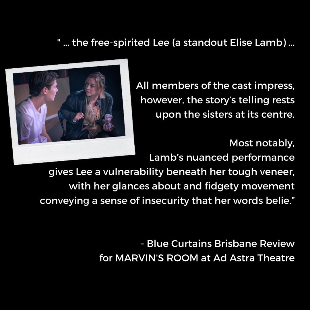 When you called “a standout” … 🥹
<a href="/BlueCurtainsB/">Blue Curtains Brisbane</a> 

MARVIN’S ROOM by Scott McPherson
Ad Astra Theatre, Brisbane
1 - 24 September, 2022
🎟 Link in Bio

<a href="/CSSDLondon/">Central</a> #cssdalumni