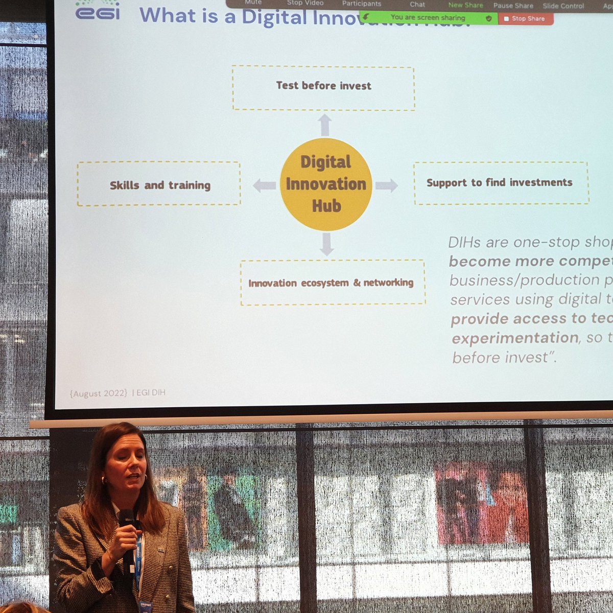 digitalities's tweet photo. "The #EGI #DIH (Digital Innovation Hub) allows private companies to innovate with public-funded e-infrastrtucture and researchers in advanced computing and data analytics" says @paraelisa from @EGI_eInfra at #EGI2022 https://t.co/SFMDXkijpn