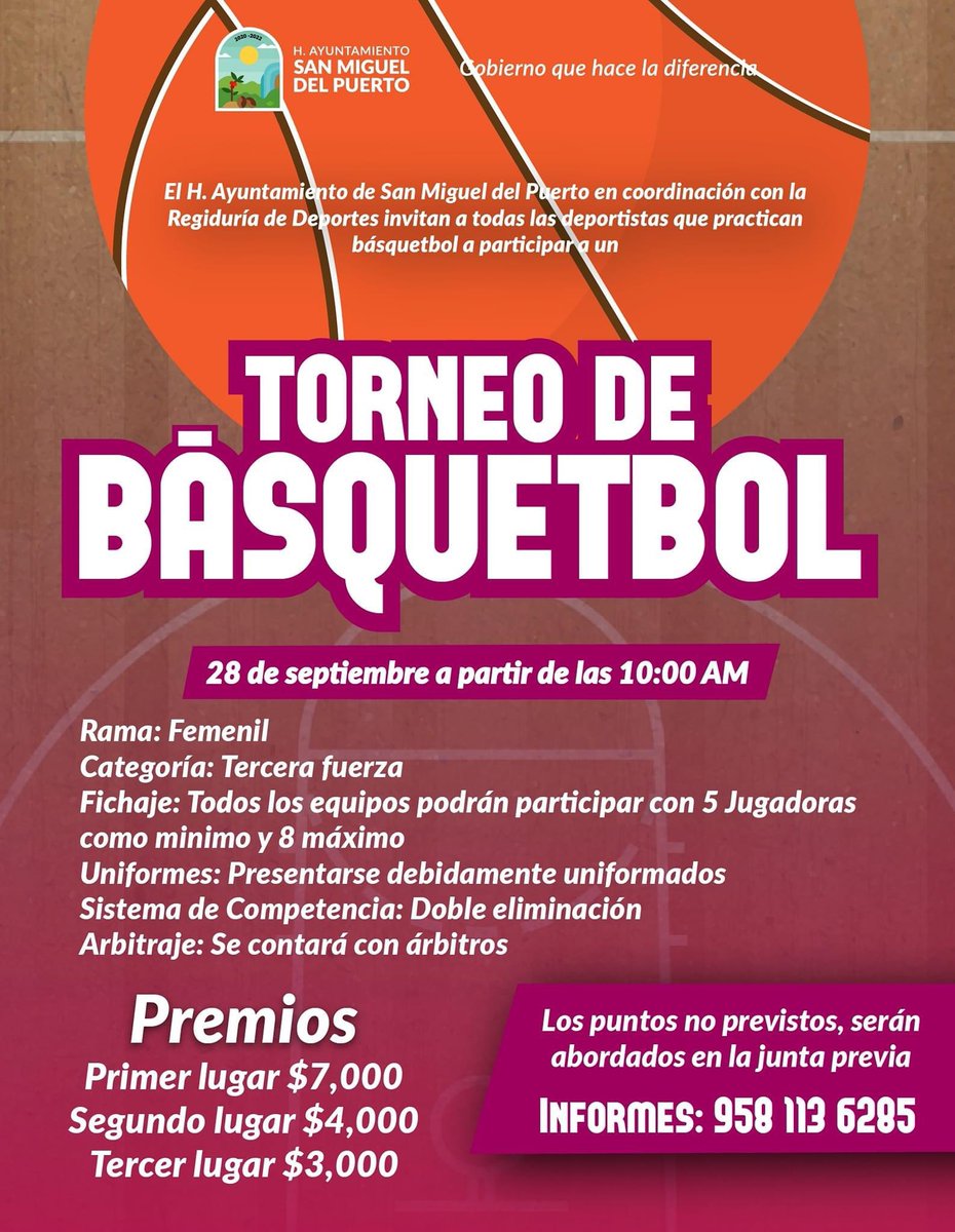 DonChepe_'s tweet photo. ⛹🏻‍♀️⛹🏼‍♀️ En el marco de la Fiesta Patronal de San Miguel de Arcángel el H. Ayuntamiento en coordinación con la Regiduría de Deportes 🏀 invitan a todas las deportistas a un Torneo de Básquetbol que se llevará a cabo el 28 de Septiembre.

📱 Mayores informes al 958 113 6285 https://t.co/zkAuh5VaOk
