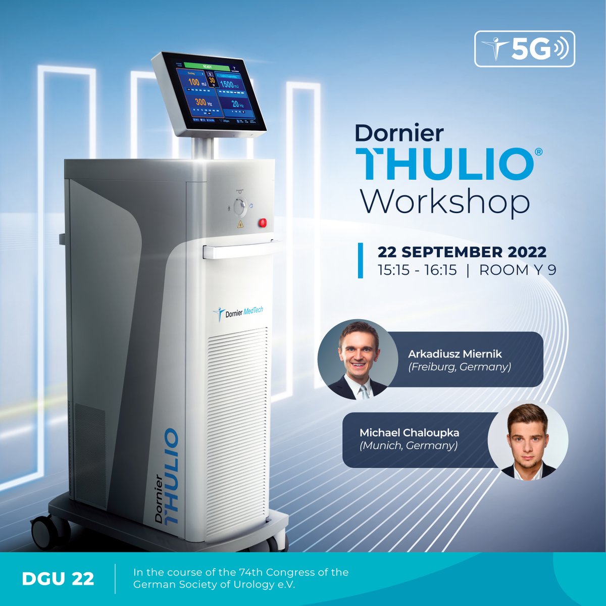 DornierMedTech's tweet photo. Don't miss our Thulio Workshop at the DGU Congress on 09/22 at 15:15 in Room Y 9!

Hear Arkadiusz Miernik (Freiburg) and Michael Chaloupka (Munich) share their first experiences with the new 100 W High Power Advanced Thulium Laser with RealPulse® technology.

#events #DGU22 https://t.co/y99oYnbVyb