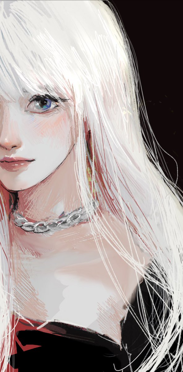 1girl solo blue eyes long hair jewelry white hair necklace  illustration images