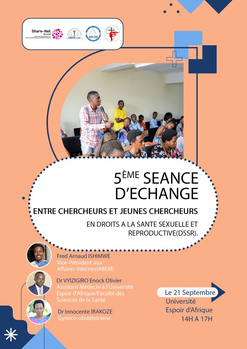 Demain, mercredi 21 septembre, avec <a href="/sharenetburundi/">Share-Net Burundi</a>, nous organisons la 5e séance d'échange avec les jeunes étudiants à 📍 <a href="/espoir_afrique/">Université Espoir d'Afrique</a>, sur l'intérêt de la recherche dans le domaine de la santé et droits sexuel et reproductif #SDSR.