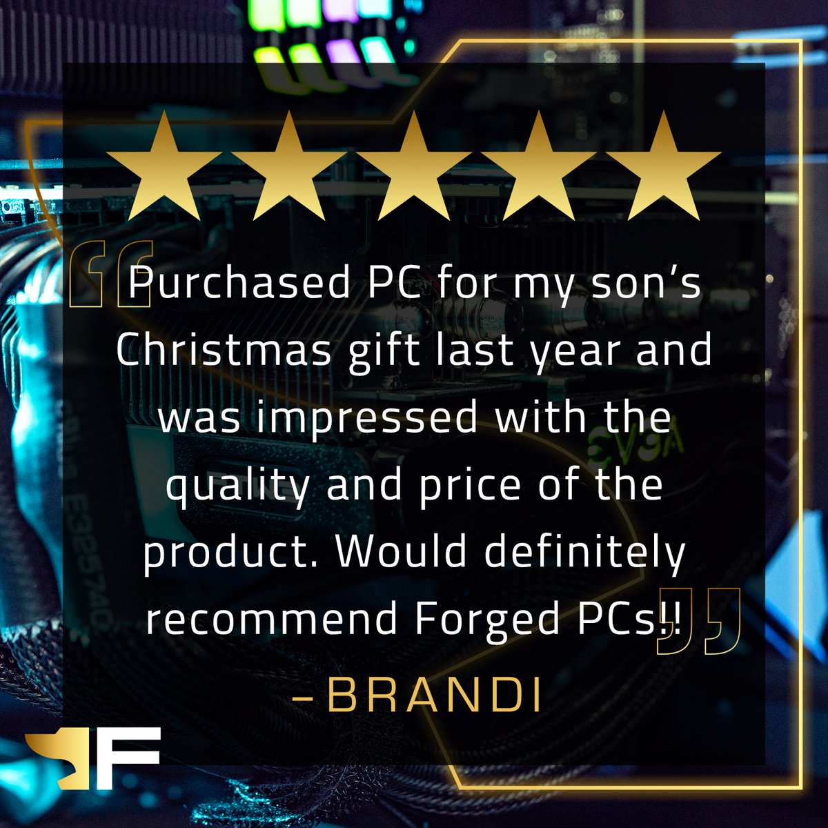 ForgedPCs's tweet photo. Thank you Brandi for your awesome review! We hope your son is enjoying PC! #forgedpcs #customerreview https://t.co/X7w2eNopPR