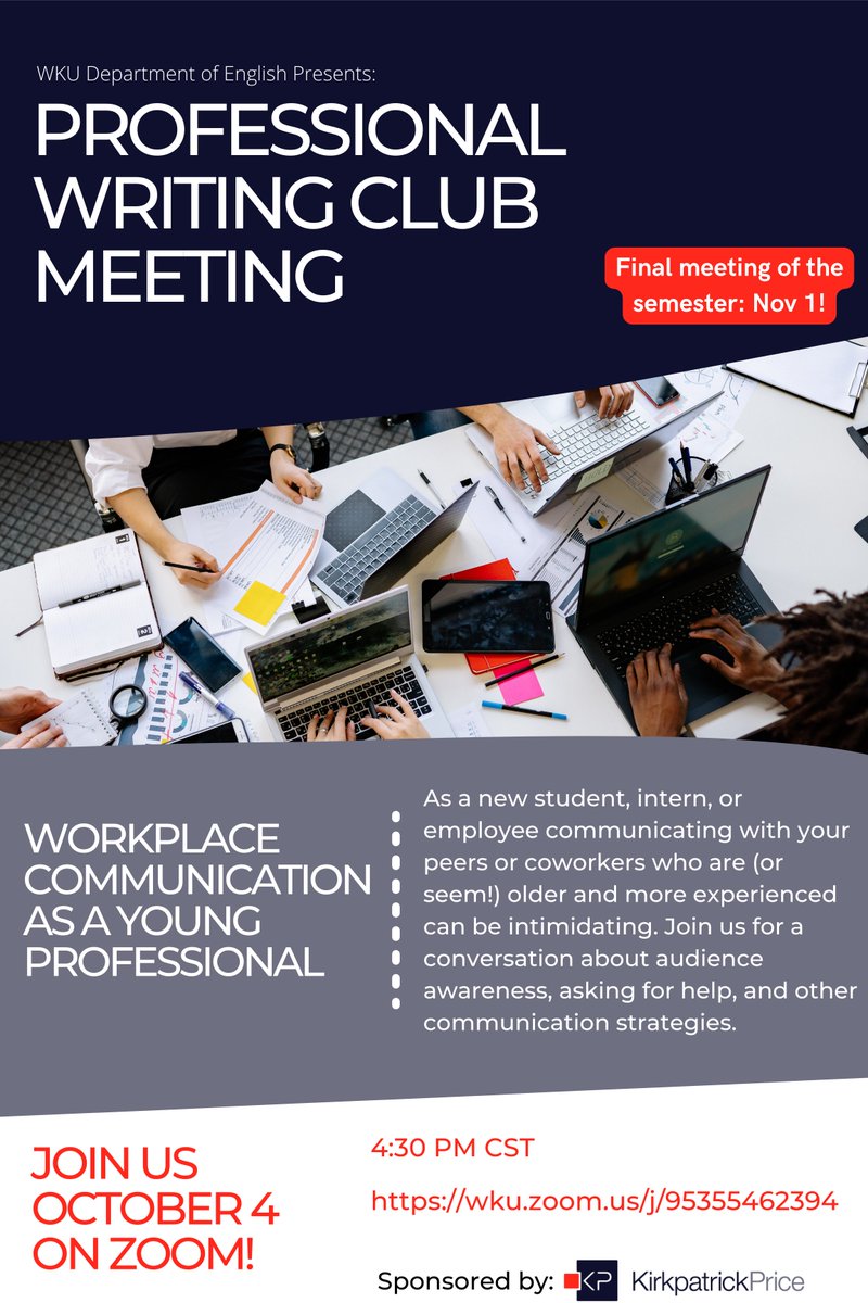 The Professional Writing Club's next meeting will be on Tuesday, October 4 at 4:30 PM. These meetings are a great opportunity to network with alumni working in careers that you may be interested in. All WKU students are welcome to attend!