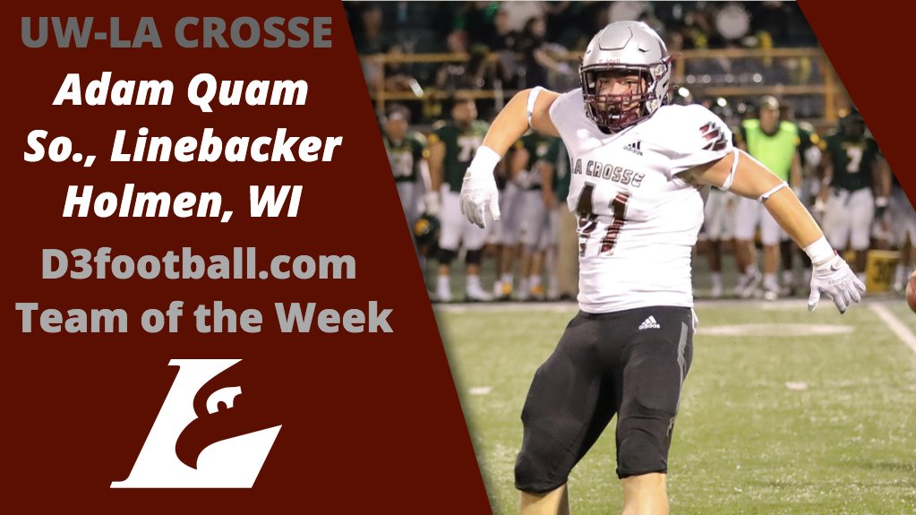 UWL Athletics (@uwlathletics) on Twitter photo Congratulations to <a href="/UWLEagleFB/">UW-La Crosse Football</a> Adam Quam for being named to the D3football.com Team of the Week. He blocked a pair of potential game-leading field goals in UWL's 28-21 victory at NCAA II Wayne State. Quam had five tackles, including 1.5 for loss and a quarterback sack. Congratulations to <a href="/UWLEagleFB/">UW-La Crosse Football</a> Adam Quam for being named to the D3football.com Team of the Week. He blocked a pair of potential game-leading field goals in UWL's 28-21 victory at NCAA II Wayne State. Quam had five tackles, including 1.5 for loss and a quarterback sack.