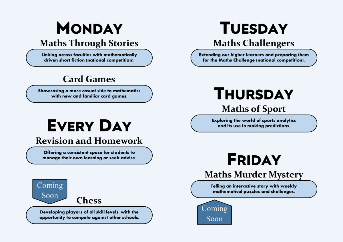 niepermaths's tweet photo. Everyone @nieperacademy has upped their game this year when it comes to extracurricular activities. Here's what the maths faculty has to offer at lunchtimes. https://t.co/7w62uaIl9f
