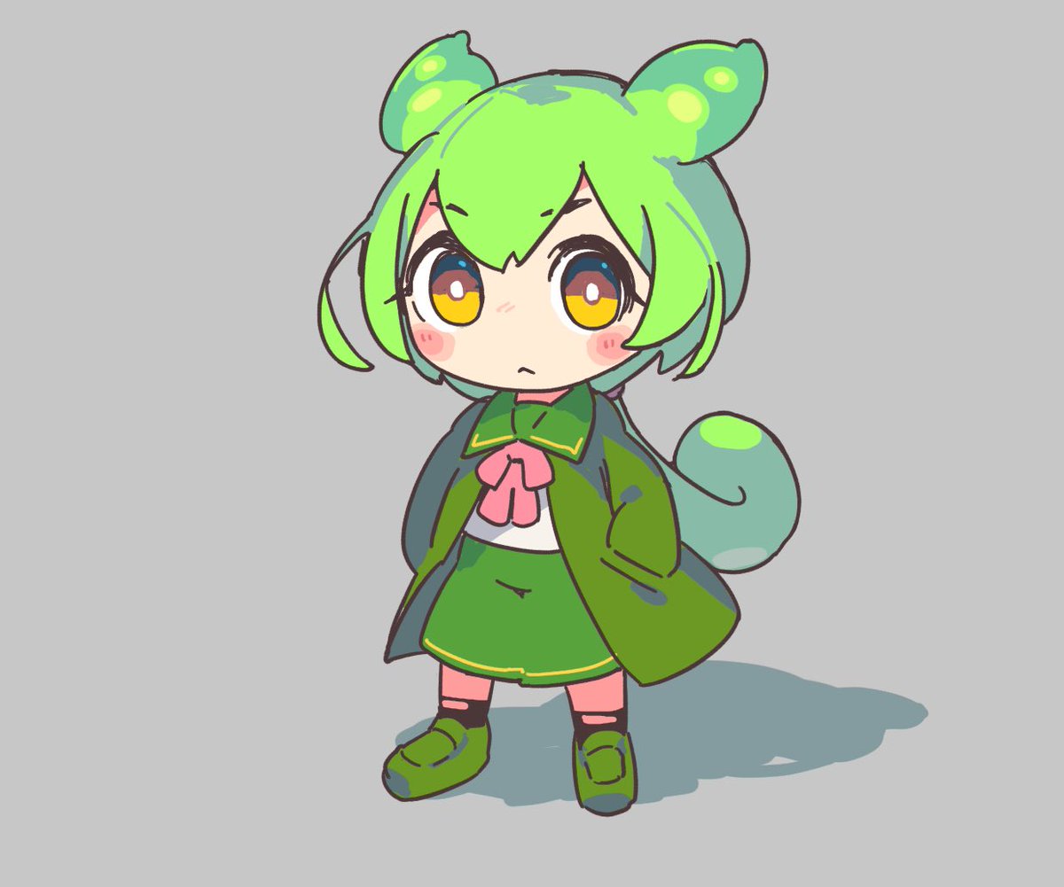 1girl green hair solo hands in pockets chibi tail skirt  illustration images