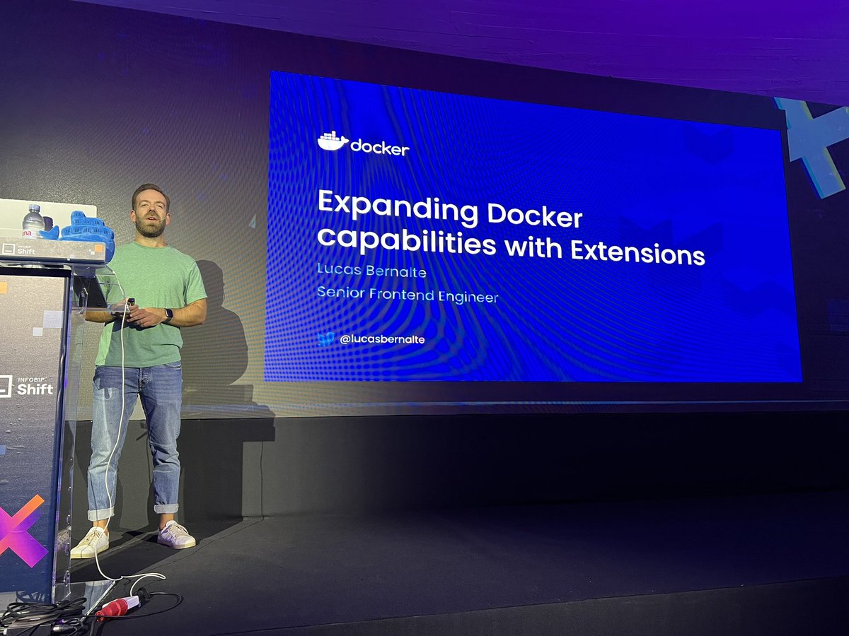 Docker's tweet image. @lucasbernalte showcasing the power of #DockerExtensions at #InfobitShift 🚀