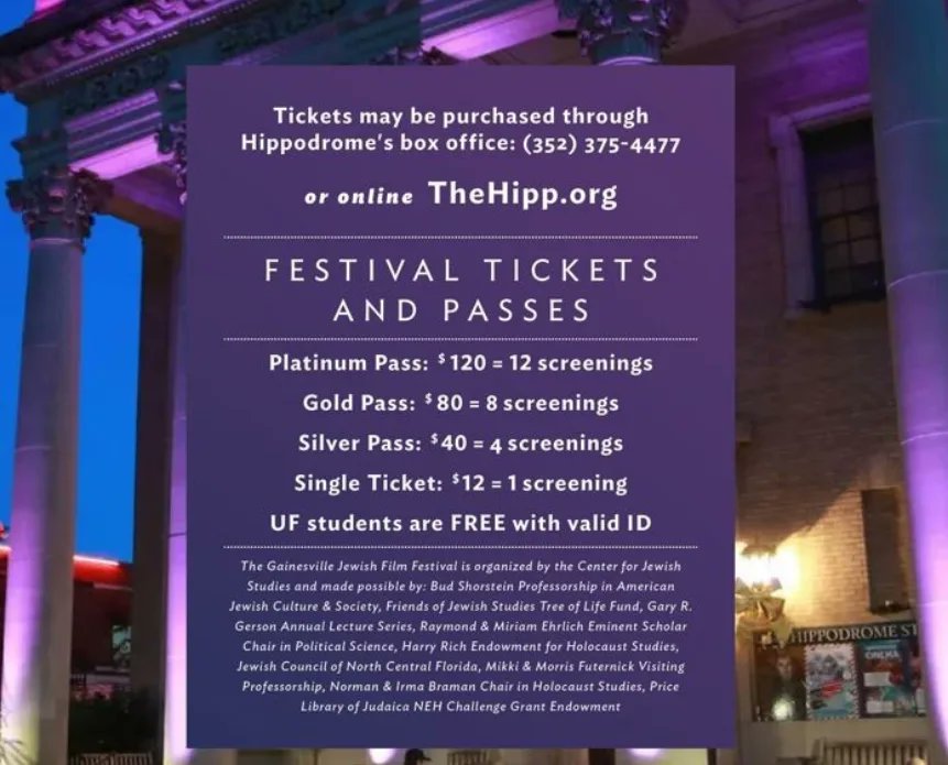JewishStudiesUF's tweet photo. Hey Gators! The 12th Annual Jewish Film Festival is approaching! Who's excited? UF Students get in for FREE with their Gator1 Card. Screenings and pricing are listed. See you there! #Jewish #uf #Gainesville https://t.co/Y2LfvPIL8O