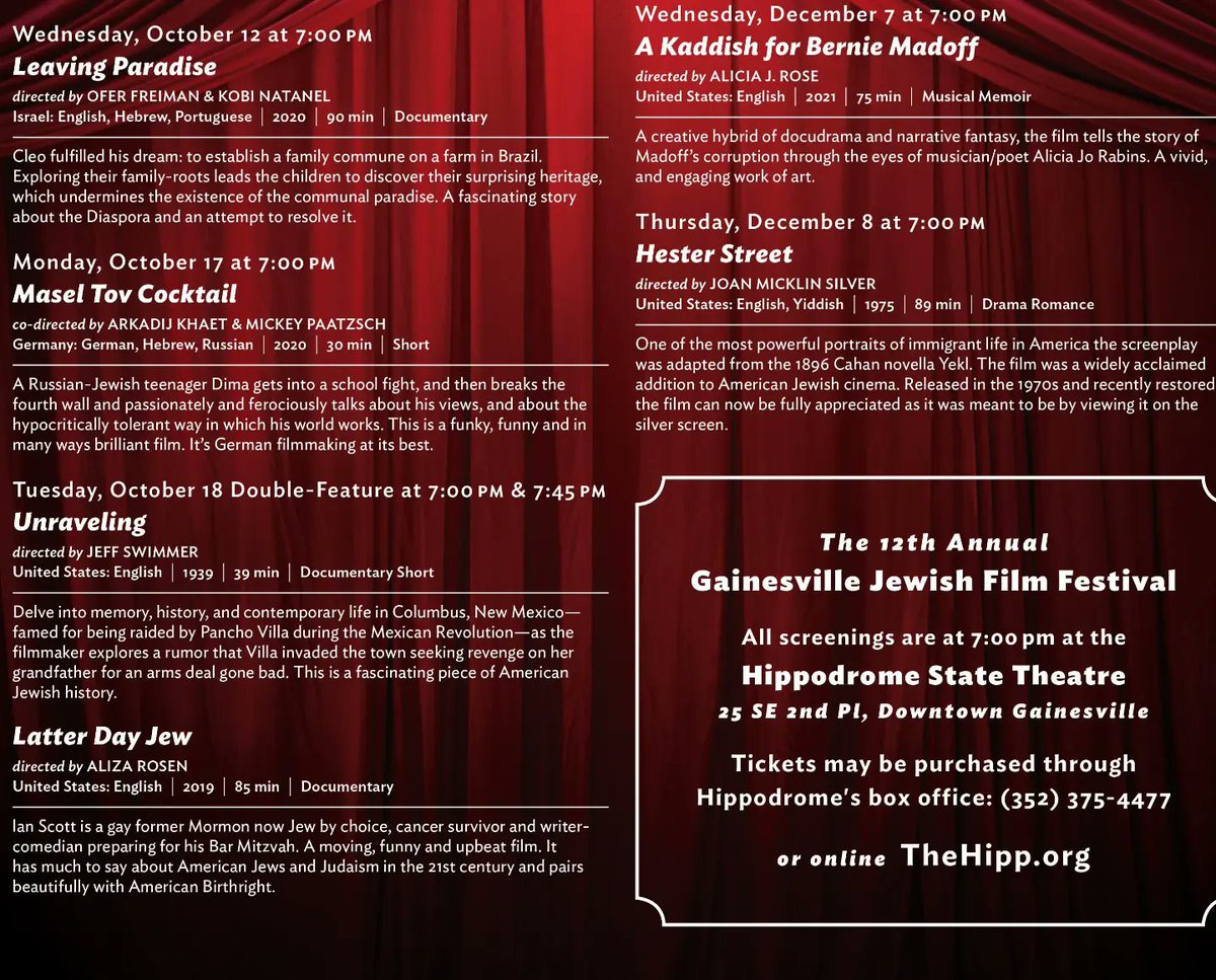 JewishStudiesUF's tweet photo. Hey Gators! The 12th Annual Jewish Film Festival is approaching! Who's excited? UF Students get in for FREE with their Gator1 Card. Screenings and pricing are listed. See you there! #Jewish #uf #Gainesville https://t.co/Y2LfvPIL8O