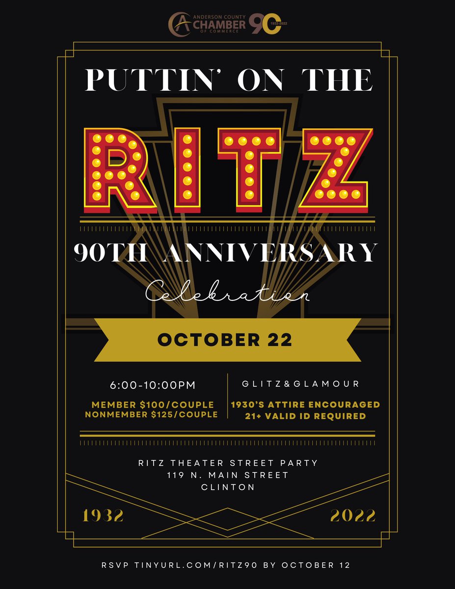 ACChamberTN's tweet photo. ✨ Who’s ready for Clinton’s next great street party? I know we are!

Get ready for a night of glitz and glamour in front of the Ritz Theater as we host our 90th Anniversary Celebration “Puttin’ on the Ritz” 🌟 🌟 🌟

More information to come! Check out https://t.co/EtudYz5ZTe https://t.co/lXpC8N7zfO