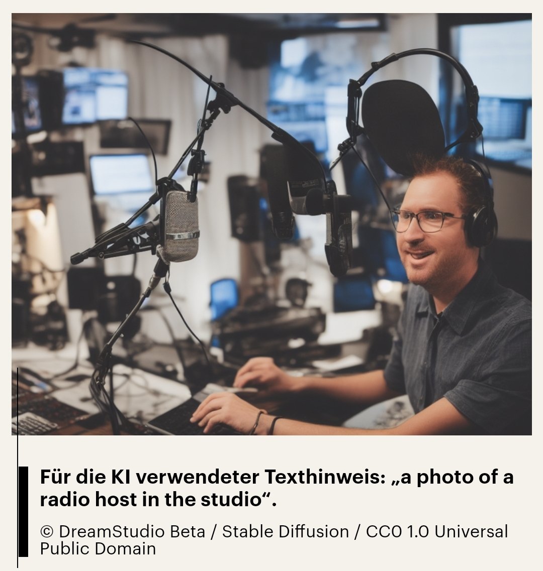 mboedd (@mboedd) on Twitter photo "Radiomoderator im Studio" - aber das ist kein Foto. Bildgeneratoren wie #stablediffusion werden immer besser. Das bringt auch neue Risiken und Gefahren mit sich. Hörtipp: Foto-Synthese - Die Revolution der künstlichen Bilder, Feature von <a href="/tomtjes/">Thomas Reintjes</a> deutschlandfunkkultur.de/ki-technologie… "Radiomoderator im Studio" - aber das ist kein Foto. Bildgeneratoren wie #stablediffusion werden immer besser. Das bringt auch neue Risiken und Gefahren mit sich. Hörtipp: Foto-Synthese - Die Revolution der künstlichen Bilder, Feature von <a href="/tomtjes/">Thomas Reintjes</a> deutschlandfunkkultur.de/ki-technologie…