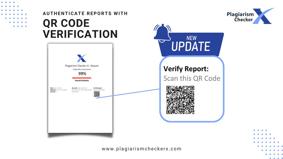 Authenticate verify and <a href="/PlagiarismX/">Plagiarism Checker X</a>  Reports with QR Code! Update to the latest version to ensure originality with quick access. #QRCode #verified #reports #plagiarism #detection #tool