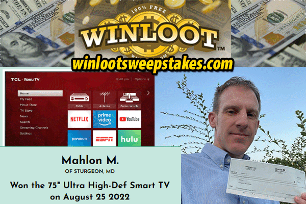 Winloot's tweet photo. Congrats to Mahlon M. of Sturgeon, Maryland
#Winner of the 75" Ultra High-Def Smart TV #Giveaway on 8/25/22!
Thanks for sending in you photo!😊

Enter to #win our next #Giveaways, including the $10,000 Cash #Sweepstakes!

Visit Winloot Sweepstakes today: https://t.co/hFyaq8byPZ https://t.co/MKifgGocjV