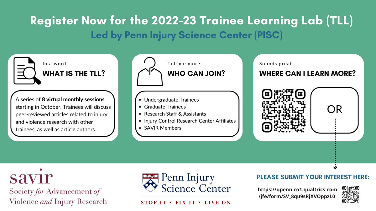 SAVIR (@savir_org) on Twitter photo Register now for the 2022-23 Learning Lab led by <a href="/PennInjury/">Penn Injury Science Center</a>. During 8 virtual monthly sessions, trainees will discuss peer-reviewed articles related to #injury & #violence research with other trainees and article authors. Scan the QR code below to submit your interest. Register now for the 2022-23 Learning Lab led by <a href="/PennInjury/">Penn Injury Science Center</a>. During 8 virtual monthly sessions, trainees will discuss peer-reviewed articles related to #injury & #violence research with other trainees and article authors. Scan the QR code below to submit your interest.