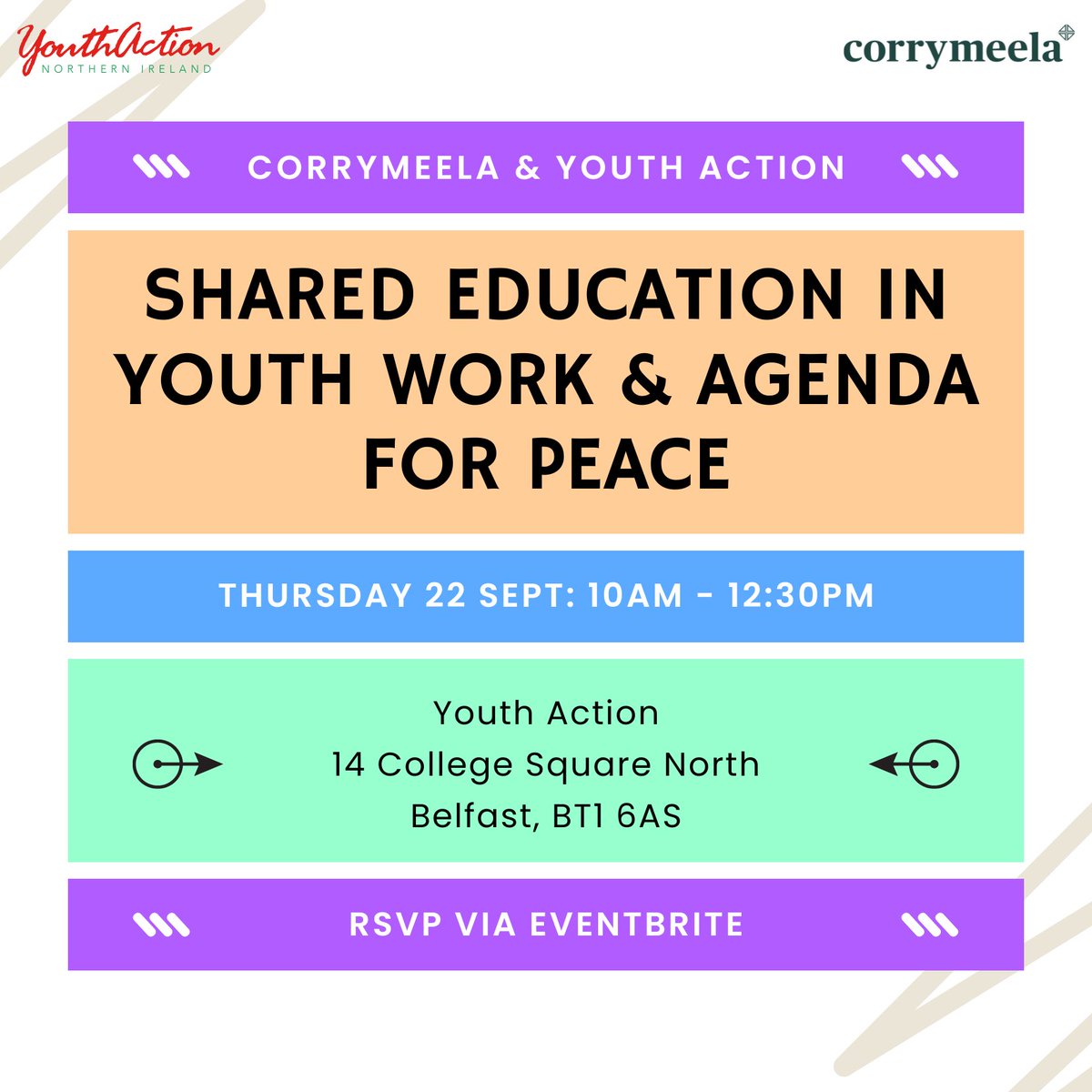 Join us this Thursday morning for a presentation and discussion on Shared Education within the youth sector held by YouthAction &amp; Corrymeela.

Sign up with the link below!”

eventbrite.co.uk/e/shared-educa…