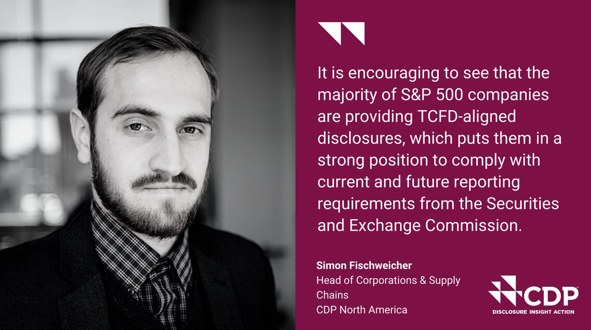 CDP's tweet photo. In 2021, 80% of companies from the S&amp;P 500 index (worth >US$28.2tn) disclosed through CDP.

Our new deep-dive analysis explores the #TCFD alignment of the index and insights into the financial impacts of climate-related risks: https://t.co/dIfNq7Aqkm

#ClimateWeekNYC @SimonFisch_ https://t.co/QB9QyQDZmV