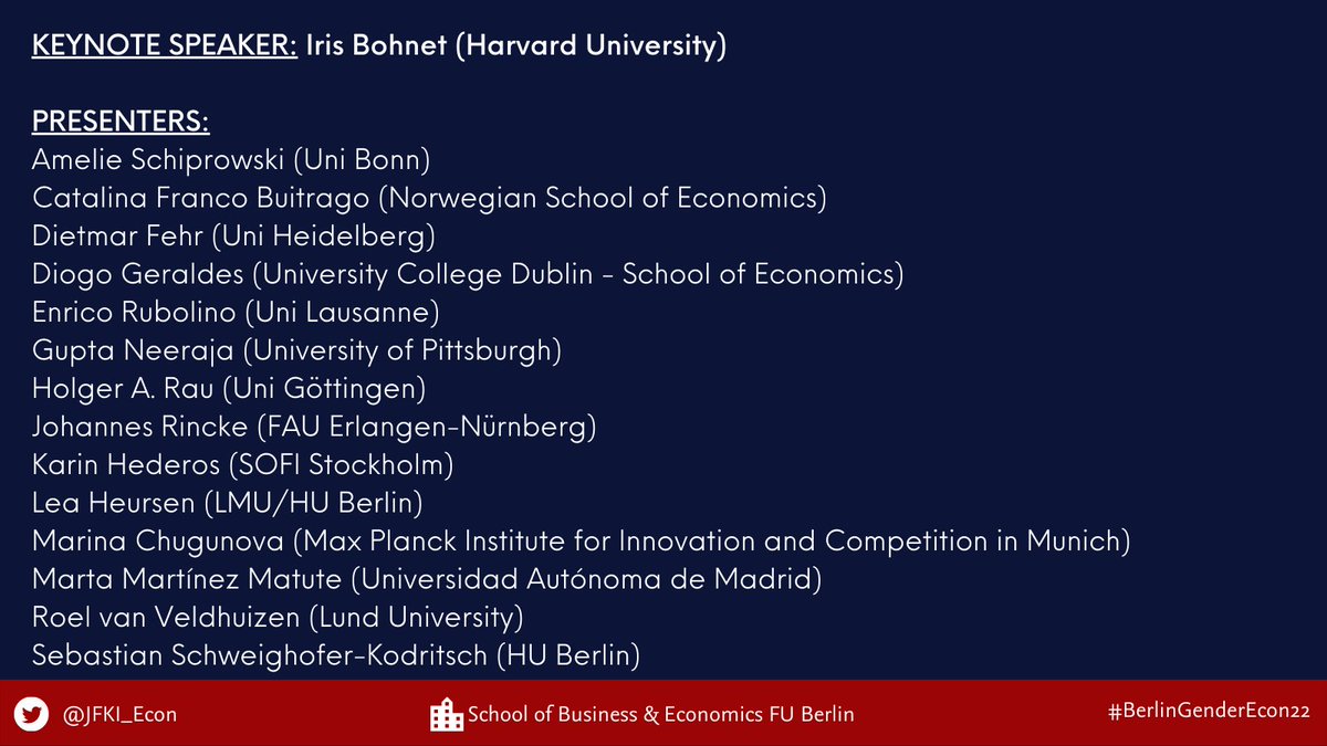 We are looking forward to the  #BerlinGenderEcon22  workshop on October 4th &amp; 5th at <a href="/FU_Berlin/">Freie Universität</a>.
Keynote: Iris Bohnet (<a href="/Harvard/">Harvard University</a>).
Presentations among others by: <a href="/dietmarfehr/">Dietmar Fehr</a>, @JRincke, <a href="/martammatute/">Marta Martínez-Matute</a>, <a href="/KarinHederos/">Karin Hederos</a>, <a href="/roelonthehill/">Roel van Veldhuizen</a>, @enrico_rubolino &amp; <a href="/ASchiprowski/">Andras Schiprowski</a>

#EconTwitter