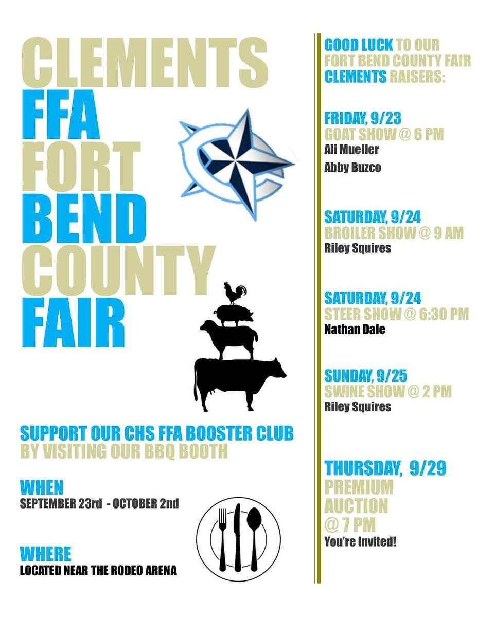 ClementsNJROTC's tweet photo. Stop by and support the @ClementsFFA at the Fort Bend County Fair! https://t.co/rqufFU2L6t