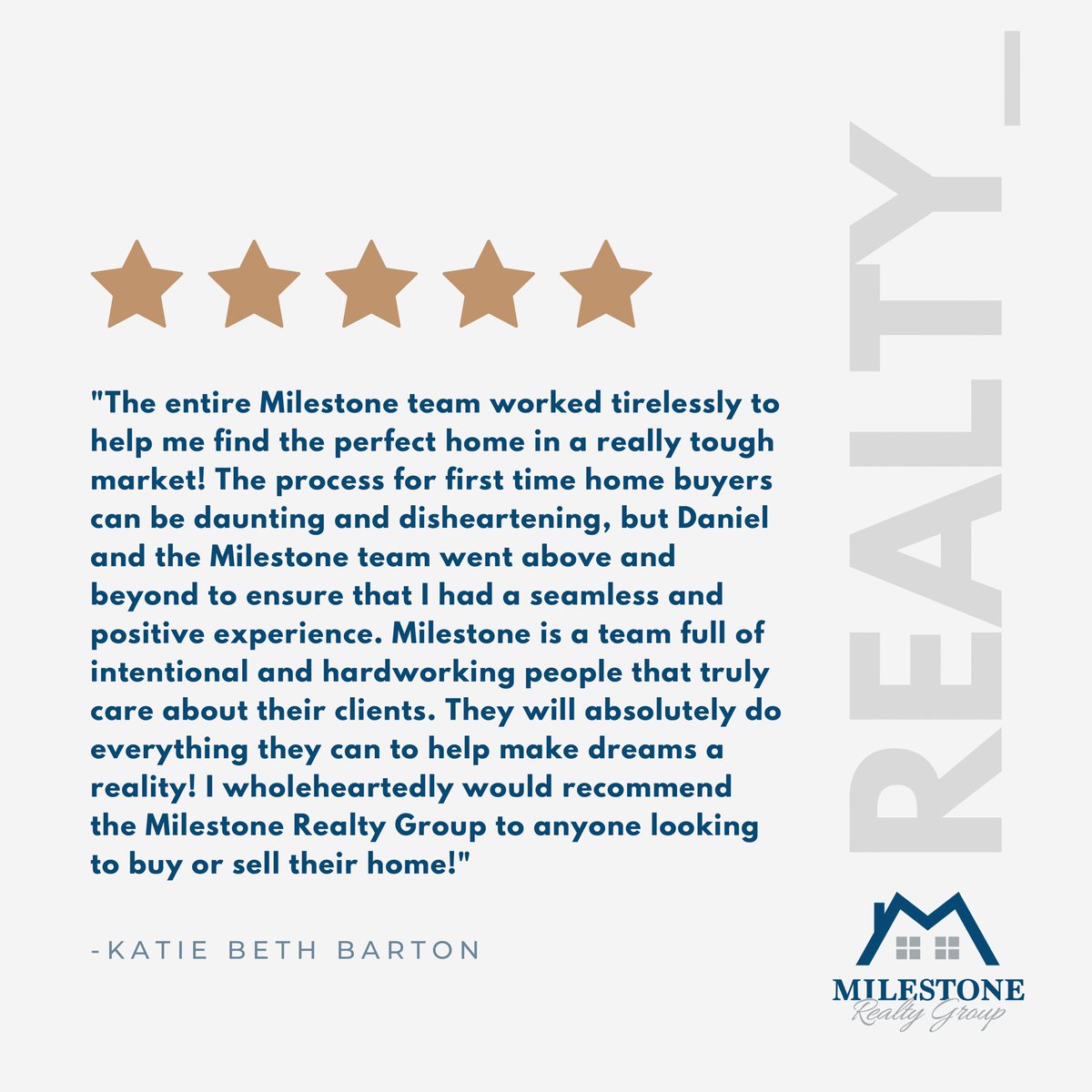 MilestoneRealt8's tweet photo. 🌟🌟🌟🌟🌟
We are starting this Tuesday off with a Testimonial from one of our incredible past clients! 

Thanks for your kind words, Katie Beth! It’s always an honor to play a part in helping someone through such an amazing milestone! 💙 https://t.co/6QwLFS0ije