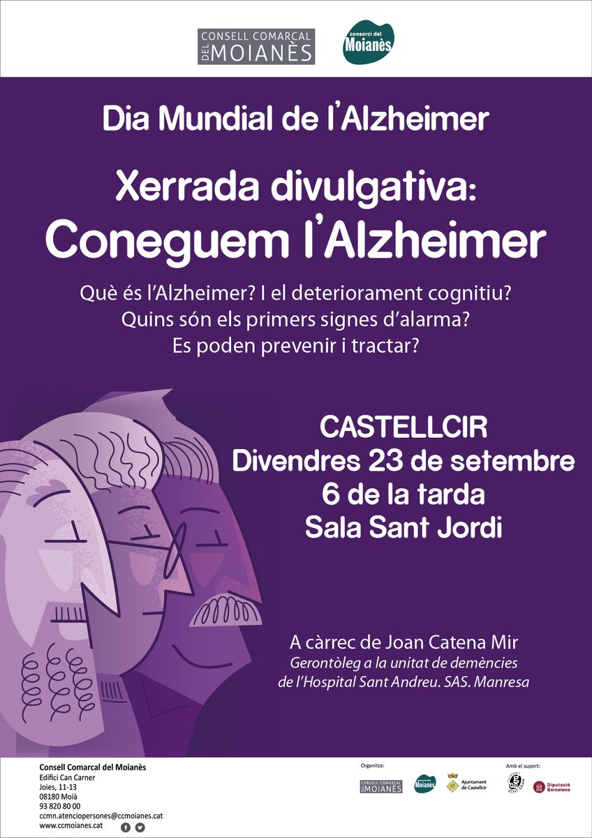 comarcamoianes's tweet photo. En el marc del Dia Mundial de l'Alzheimer - #21set 
Al @comarcamoianes volem contribuïr a la divulgació de la malaltia amb la xerrada: "Coneguem l'Alzheimer" - Què és? Com es pot tractar?
🗓️#23set
🕧a les 6h de la tarda a @AjCastellcir 
➡️a càrrec de Joan Catena Mir, gerontòleg. https://t.co/eR9u91QRS4