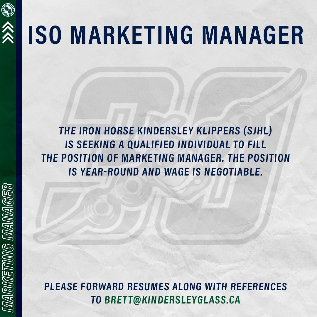 KlippersHockey's tweet photo. The Kindersley Klippers are in search of a new Marketing Manager. Please forward resumes along with references to brett@kindersleyglass.ca 

@theSJHL | #KlippersHockey https://t.co/iTG19mmxGo