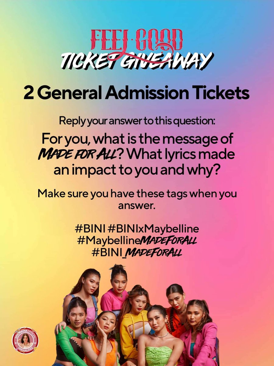 BiniMikhaOFC's tweet photo. [TICKET GIVEAWAY]

Get a chance to win two (2) Regular tickets with 1 album &amp; 1 poster from 
@luvmikha 🤍

You can join and answer until Sept 22. Don't forget the tags. Good luck Blooms<3

#BINI #BINIxMaybelline #BINI_MadeForAll #MaybellineMadeForAll https://t.co/2CBMNz7Lzn