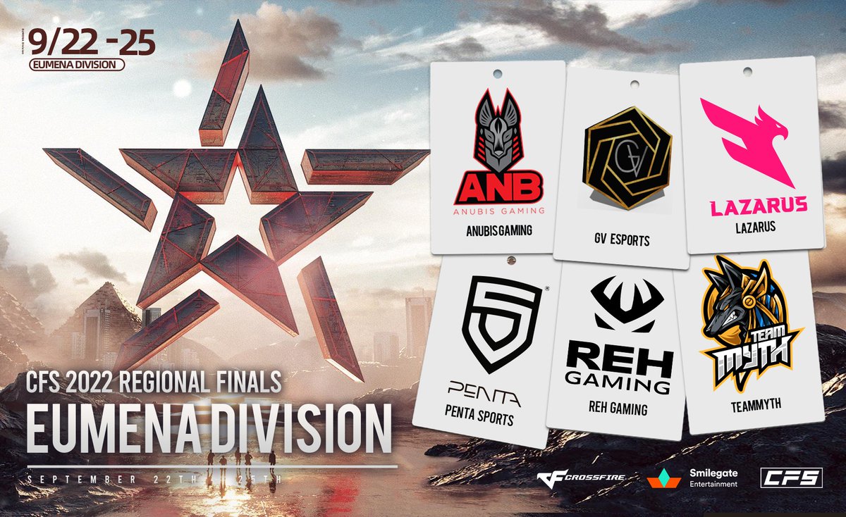 Esports_CF's tweet photo. The CFS Regional Finals EUMENA Division kicks off on September 22nd. The teams are locked in and ready.

#AnubisGaming
#GVESPORTS
#Lazarus
#PENTASports
#REHGaming
#TeamMyth

Who will you be supporting? https://t.co/55I6YOby2S