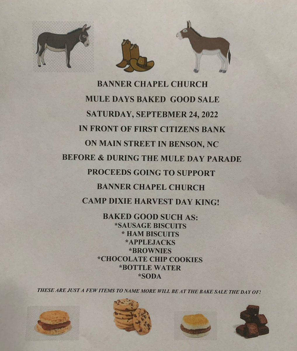 Mule Day Bake Sale items need to be at the church by 7:00 am or at  Main Street at the First Citzens bank where the church Bake Sale will be a start at 7:30 am Saturday morning 
*Applejack making will start at 1:00 pm on Friday at  church led by Wilma
<a href="/BannerChapel/">Banner Chapel</a> 
<a href="/jallen1161/">Jeff Allen</a>
