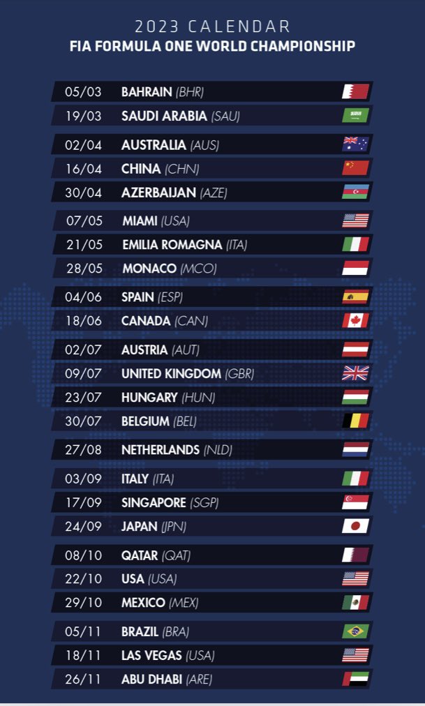 RachelBrookesTV's tweet photo. F1’s 24 race calendar for 2023 #skyf1 https://t.co/Phljrmaitn