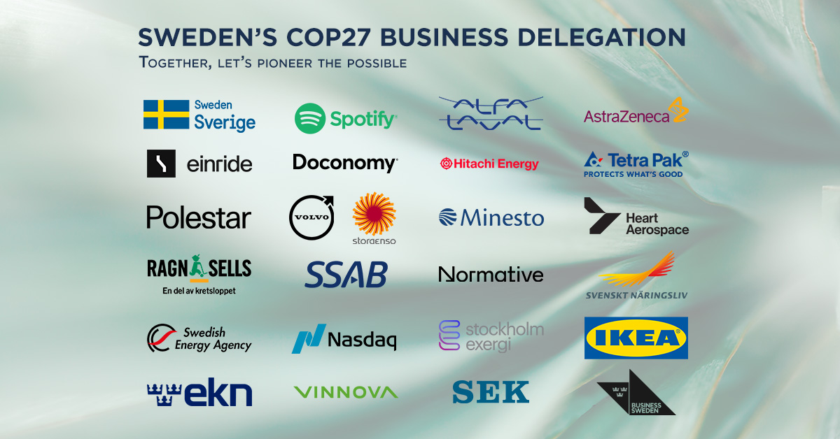 We're thrilled to be part of #Sweden's Business Delegation at  #COP27! 

Together with world-leading Swedish companies, governmental agencies, academic leaders + NGOs, we're committing to accelerate the #greentransition.

#PioneerThePossible #TeamSweden #ESG #decarbonization