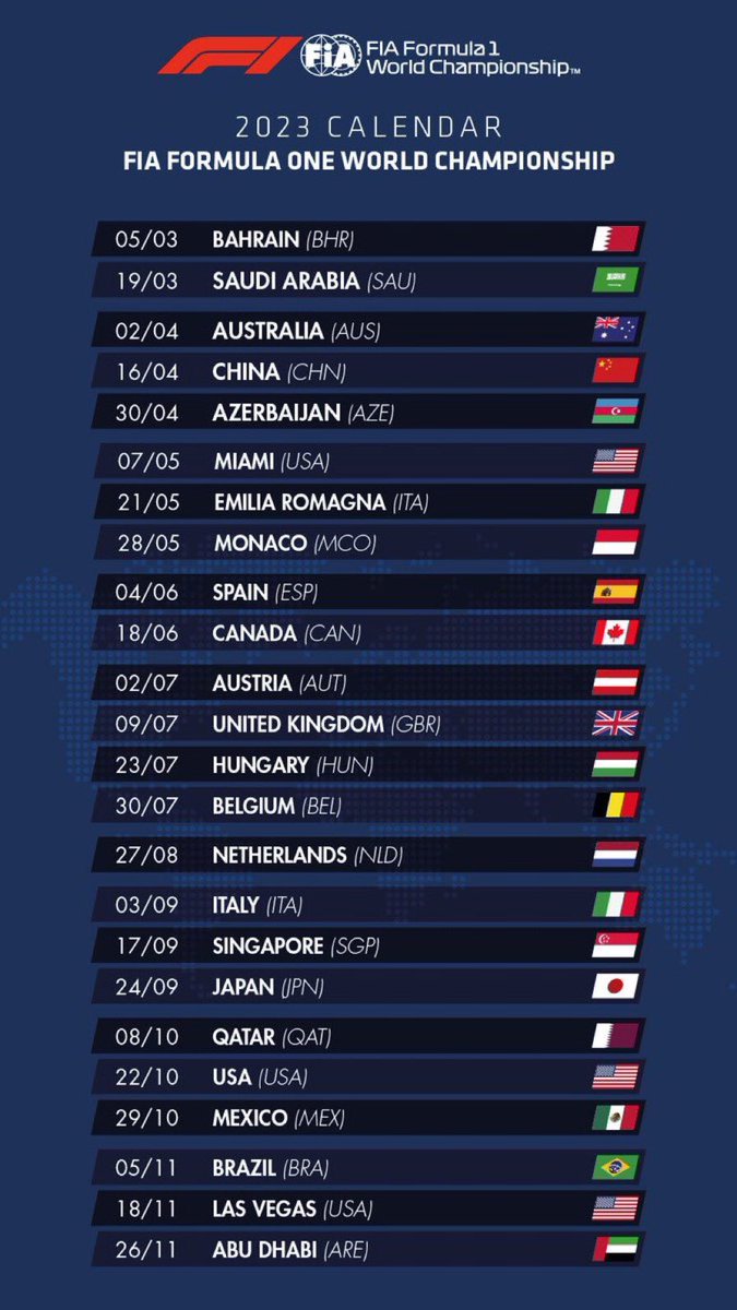 FastestPitStop's tweet photo. BREAKING: The offical 2023 F1 calendar has been approved by the FIA

The season starts on March 5 in Bahrain, and ends on November 26 in Abu Dhabi as part of a double-header with Las Vegas.

#F1 #Formula1 #FormulaOne https://t.co/6wNuZzRTfm