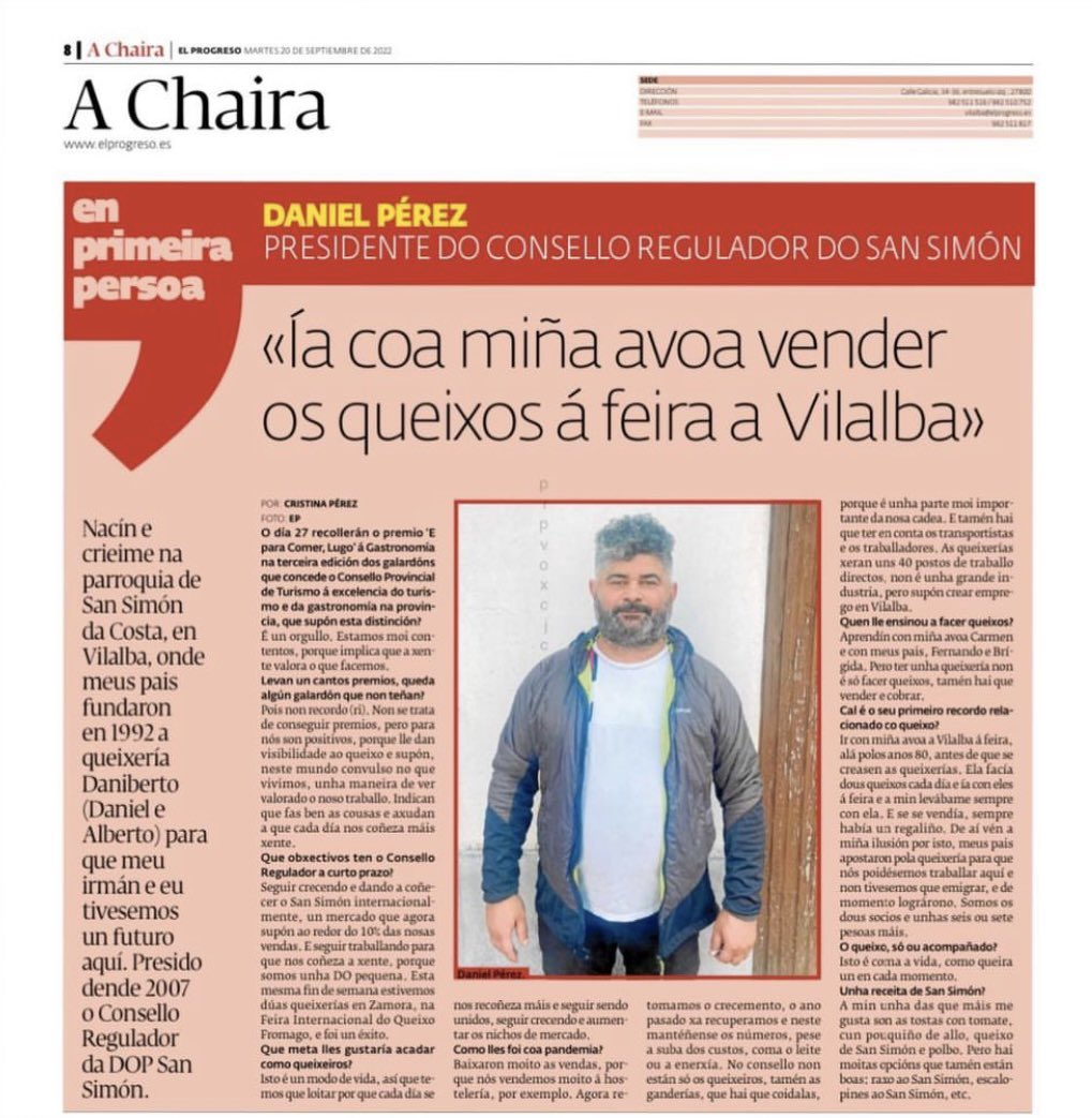 DanibertoQuesos's tweet photo. Hoy en El Progreso de Lugo en la edición de A Chaira, una hermosa entrevista con nuestro Dani, en la que nos cuenta con nostalgia los inicios de la quesería y del amor por este oficio 💛
#queseríadaniberto #elprogresodelugo #queixeríadaniberto #daniberto https://t.co/cKGum0X4AI