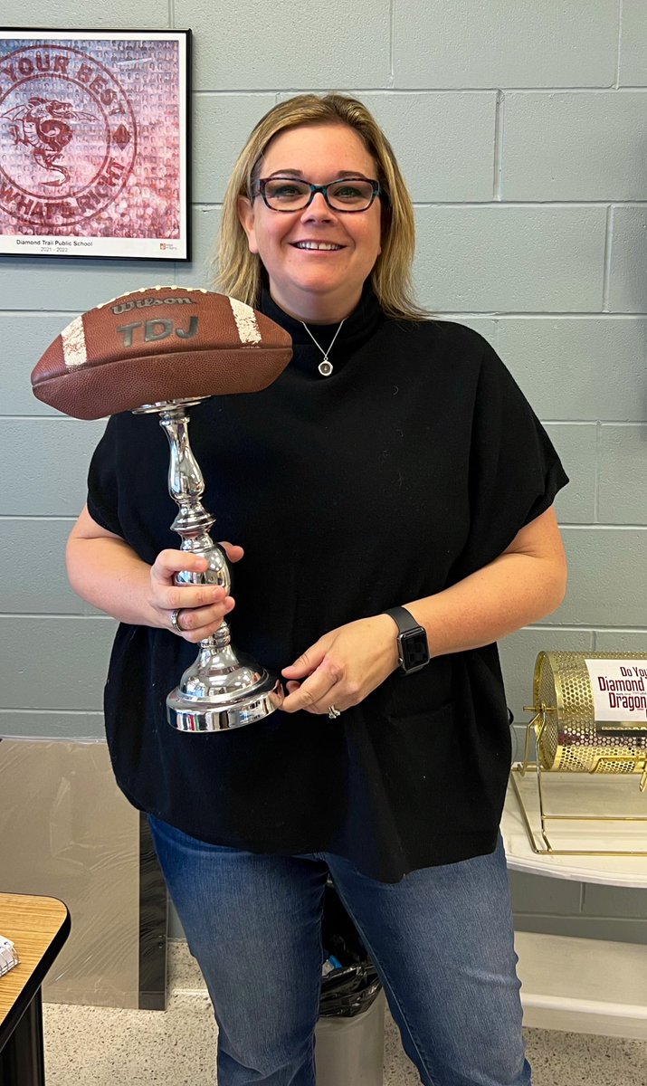 DiamondTrailPS's tweet photo. The staff football winner for week two is @Randi02473527! The trophy is in the office on full display for you to see. #staffpool #beststaff #winner https://t.co/UNYEeDcOK9