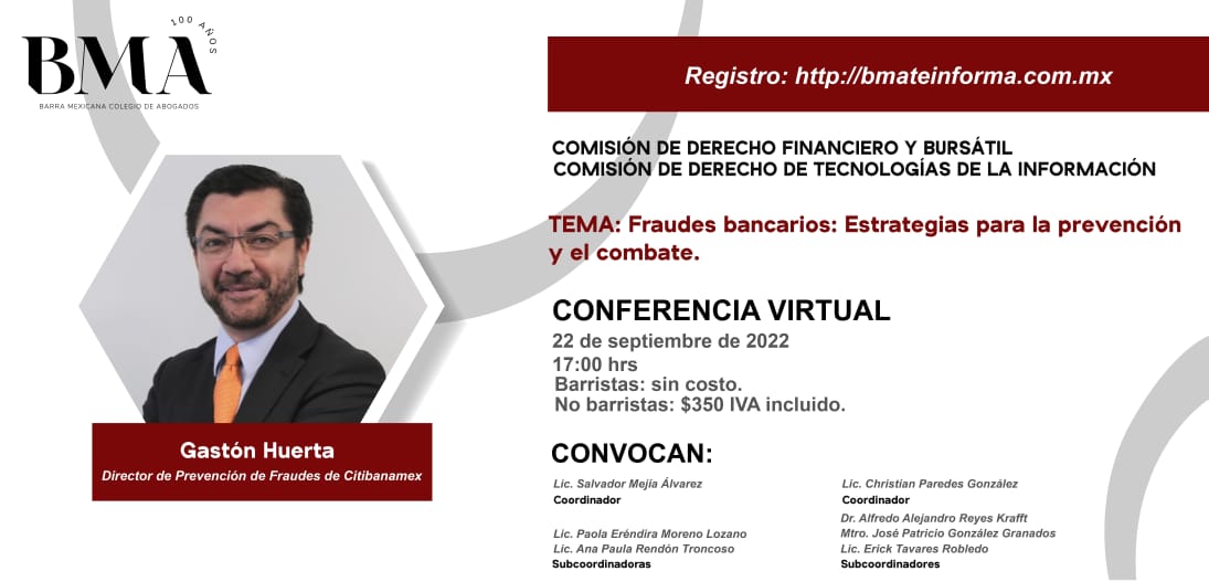 ASIMETRICS (@asimetrics_mx) on Twitter photo Las Comisiones de Derecho Financiero y Bursátil y la de Tecnologías de la Información de la <a href="/BMA_Abogados/">Barra Mexicana, Colegio de Abogados A.C.</a> les invitan a su sesión del 22 de septiembre (5 pm).
Tendrán como invitado al Director de Prevención de Fraudes de <a href="/Citibanamex/">Citibanamex</a>
eventosbma.online/evento/fraudes… Las Comisiones de Derecho Financiero y Bursátil y la de Tecnologías de la Información de la <a href="/BMA_Abogados/">Barra Mexicana, Colegio de Abogados A.C.</a> les invitan a su sesión del 22 de septiembre (5 pm).
Tendrán como invitado al Director de Prevención de Fraudes de <a href="/Citibanamex/">Citibanamex</a>
eventosbma.online/evento/fraudes…