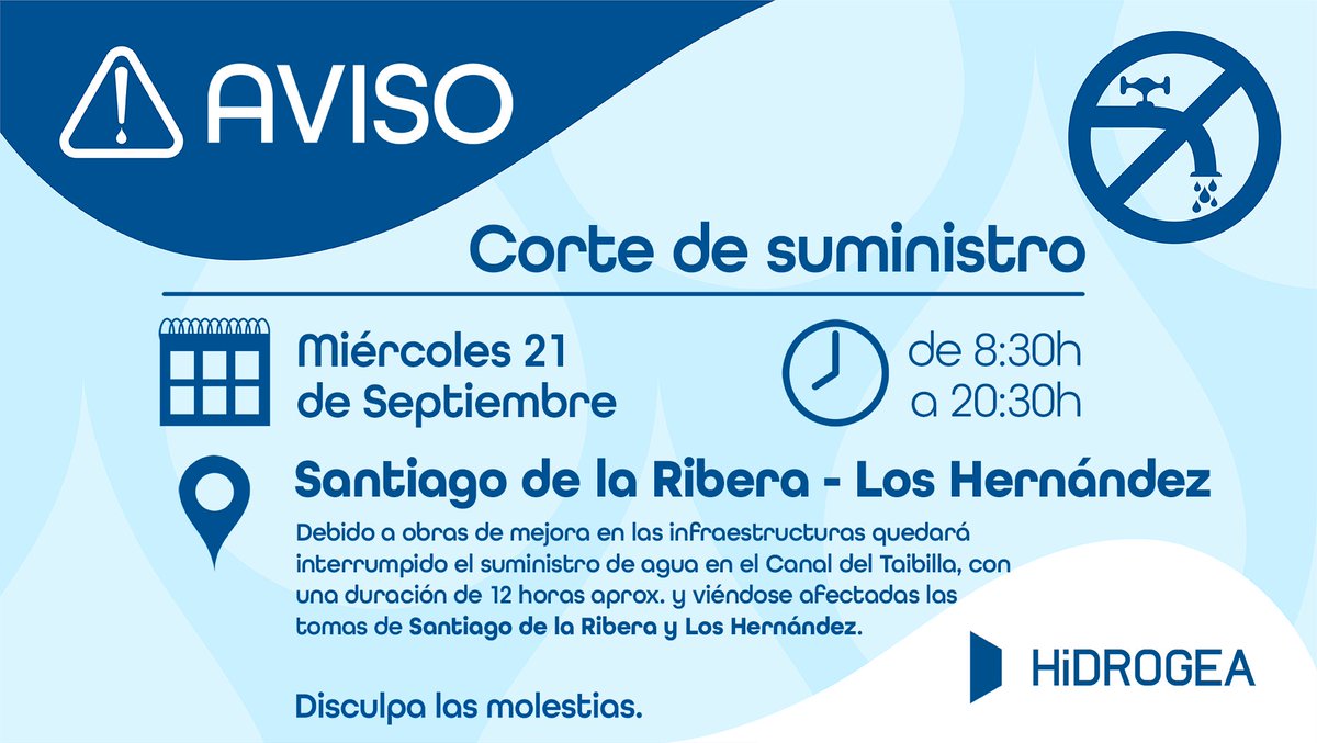 veolia_rmurcia's tweet photo. ⚠️CORTE DE SUMINISTRO🚱

📍Santiago de la Ribera-Los Hernández
📅Miércoles 21
🕘8:30h-20:30h

Según la MCT, por obras de mejora en las infraestructuras, se interrumpirá el suministro de agua en el Canal del Taibilla 12 horas aprox. ➡️https://t.co/KUyUSqN3vI
Disculpa las molestias https://t.co/ECuz6Wz3A3