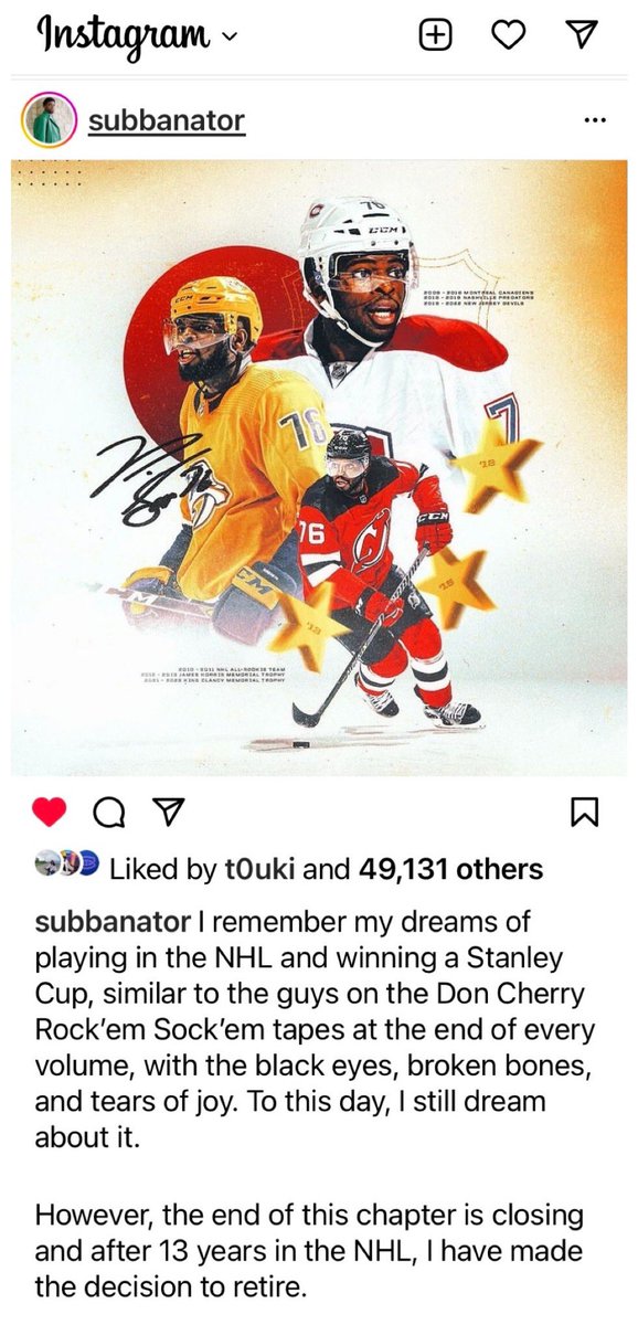 Oh no! My fave player is retiring! I was hoping to see him lift the Cup and I was hoping against hope to see him back in the bleu blanc &amp; rouge one more time.
But cheers to one of the best backliners to ever lace up skates. Best of luck in your next chapters, <a href="/PKSubban1/">P.K. Subban</a>