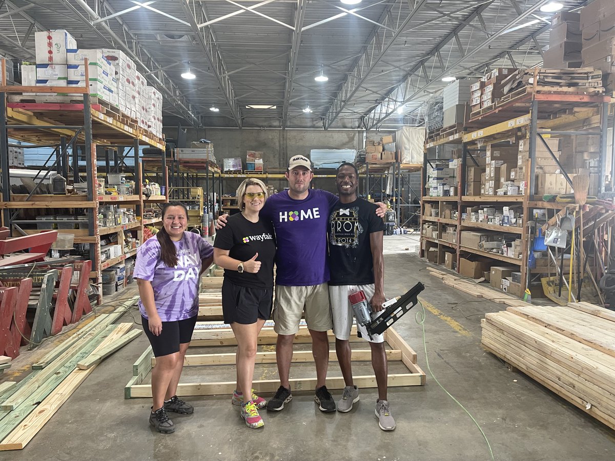 Big thanks to our friends at <a href="/Wayfair/">Wayfair.com</a> for coming out on Friday and working with our construction crew to build walls for families in our community. YOU are the key to building in our community! 💚🛠️💙