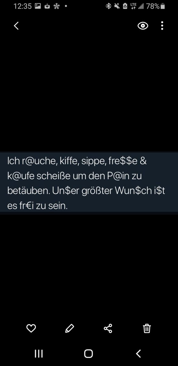 Don_Promillo_'s tweet photo. Ich r@uche, kiffe, sippe, fre$$e &amp; k@ufe scheiße um den P@in zu betäuben. Un$er größter Wun$ch i$t es fr€i zu sein. https://t.co/lSxKF0GcK9