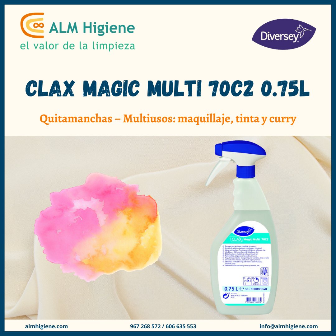 AlmHigiene's tweet photo. #Diversey #magic #multi #QUITAMANCHAS #lavanderia #ELIMINAR #eficaz #maquillaje #tinta #curry #Concentrados #tejidos #limpieza #almhigiene https://t.co/8pKT672IrU