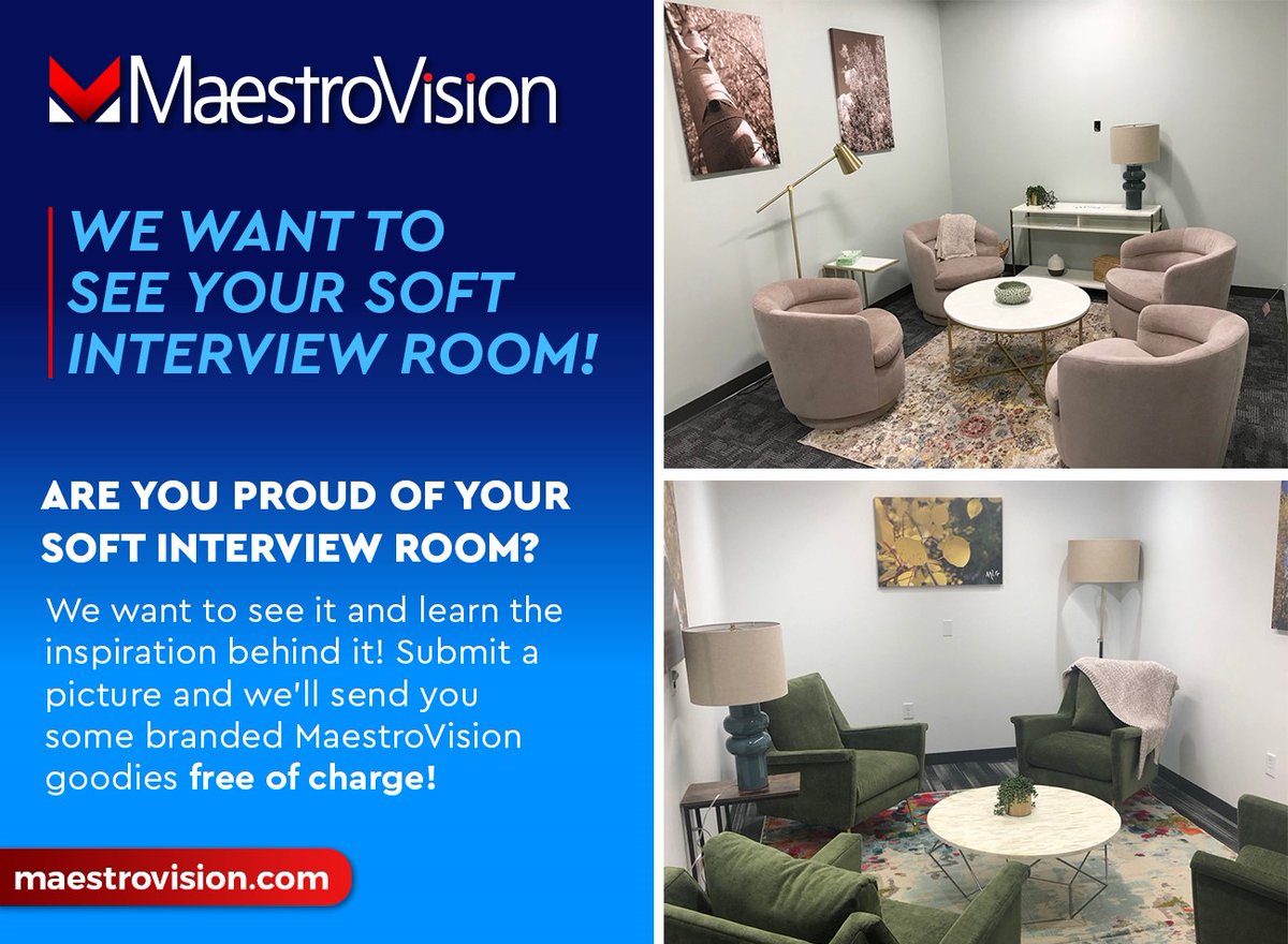 MaestroVisionMV's tweet image. Email a picture of your soft interview room to jwein@maestrovision.com to be featured in an upcoming blog article and get some branded goodies free of charge!

#softinterview #interviewroom #childadvocacy #lawenforcement #socialservices