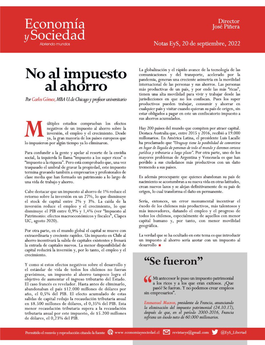 RevistaEyS's tweet photo. La creación en Chile de un impuesto al ahorro acumulado por una persona a lo largo de toda su vida (su “riqueza”), como lo propone el llamado “Impuestazo” del gobierno Boric, sería un error monumental, pues sería un verdadero “impuesto al ahorro”, a la inversión y al crecimiento. https://t.co/Ii0XzocPGM