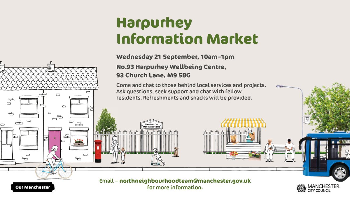GMMH_NHS's tweet photo. No.93 Wellbeing Centre are looking forward to hosting Harpurhey Information Market on Wednesday 21 September from 10am-1pm! 🙌
A large range of organisations will be running stalls & there will be free refreshments & cakes from @HMHCmcr https://t.co/1u2YQmFPgG