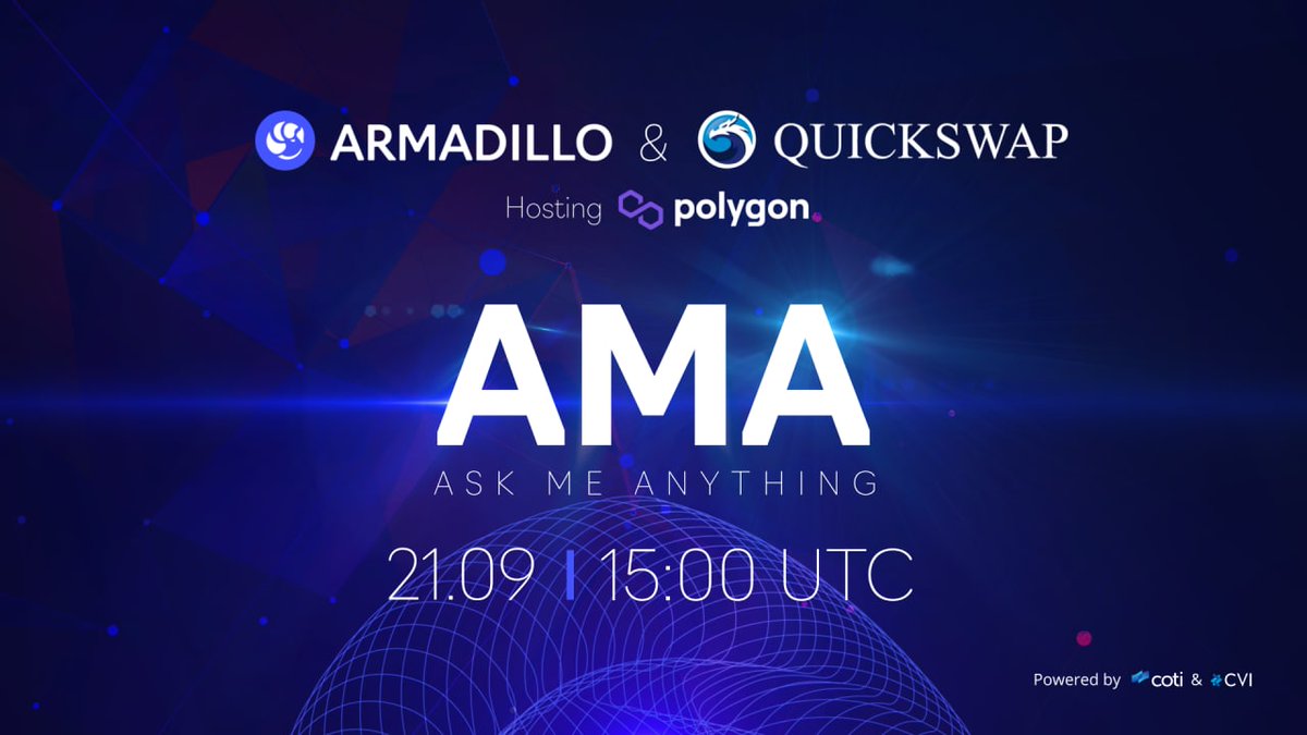 We are excited to be hosted by the <a href="/QuickswapDEX/">QuickSwap 🐲 DragonFi 2.0</a>  team for an AMA on their Twitter spaces!
The space will be moderated by <a href="/Crypto_Texan/">Crypto Texan | katana ⚔️</a> from <a href="/0xPolygon/">Polygon | POL</a> DeFi Team 💥

When 👉🏻 Wednesday, September 21st, 3:00 PM UTC 
Where 👉🏻  <a href="/QuickswapDEX/">QuickSwap 🐲 DragonFi 2.0</a>

#Armadillo #ILP #ImpermanentLoss